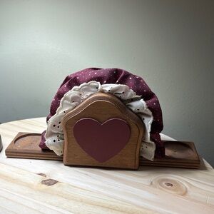 Rustic Heart Burgundy Napkin Holder with Lace Trim